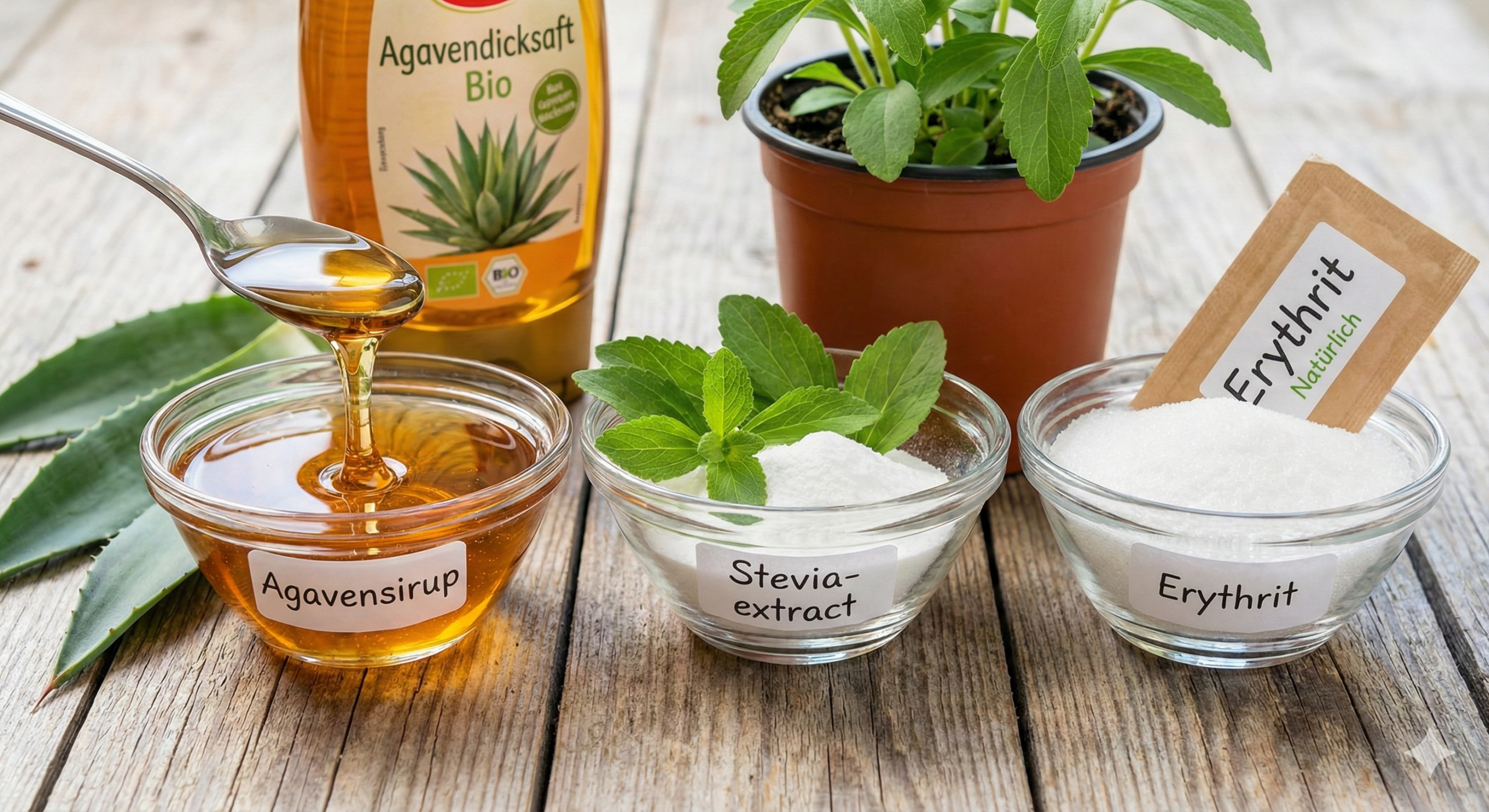 Agavensirup-Stevia-Erythrit in Schalen auf einem Tisch